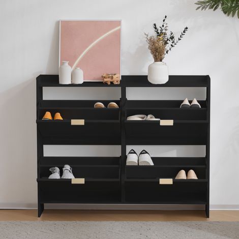 Meuble à chaussures d'entrée - H90 x L110 x P24 cm - avec 4 compartiments à rabat - noir (1/5)