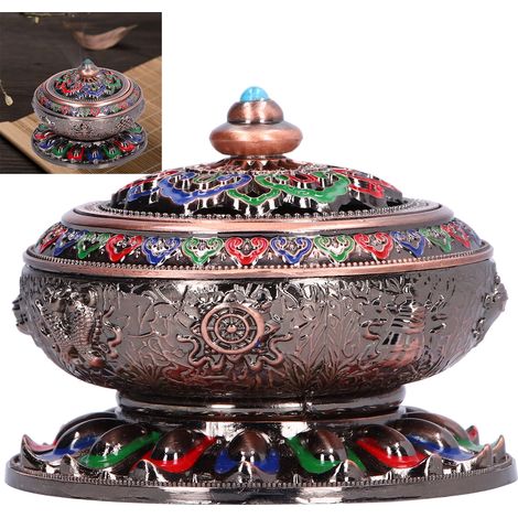 Brûleur d'encens vintage en alliage de cuivre, porte-encens pour salon, décoration pour la cérémonie du thé, rouge et coloré (1/5)
