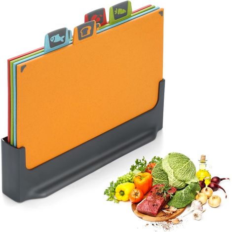 4 Pcs Planches à Découper avec Code Couleur, Plastique Réversible avec Support et Pieds Antidérapants pour Cuisine (1/5)