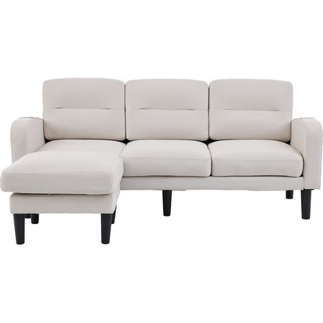 Canapé d'angle en L 3 places avec chaise longue, revêtement beige, 204x136x80 cm, avec poches de rangement latérales (1/5)
