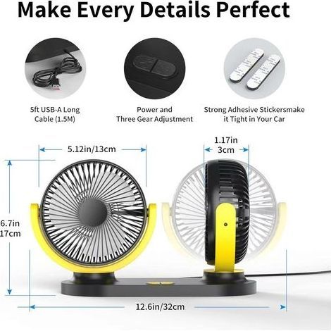 Mini ventilatore USB a doppia testa, rotazione a 360°, 3 velocità, ventilatore portatile adatto per auto/tavolo/ufficio/campeggio/pesca (1/5)