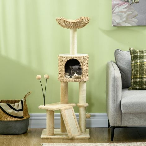 Katzenbaum, 116 cm hoch, mit Versteck, Korb, Plattformen, Plüschbommeln und Wasserhyazinthe – beige