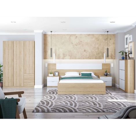 Pack Dormitorio Matrimonio Completo en Blanco y Roble Canadian (cama + armario + cabezal con mesitas + zapatero)