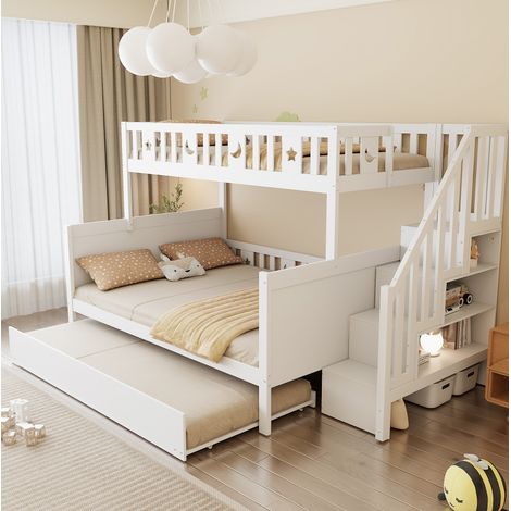 Letto a castello per bambini 252x145x160 cm bianco in legno e MDF con scala contenitore e letto estraibile (1/5)