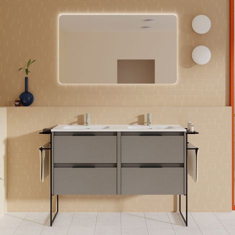 Meuble salle de bain double vasque en bois et métal KEIKO largeur 120 cm fumé sablé (1/5)