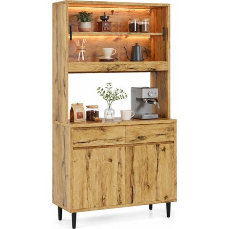Buffet haut pour salon et salle à manger, portes vitrées, LED multicolore, 2 prises, USB-A et USB-C, rangement 100 x 40 x 185 cm en bois clair  CHICFURN (1/5)