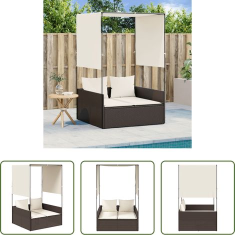 Gartenmöbel - Doppel-Sonnenliege mit Dach und Vorhängen Braun Poly Rattan (1/5)