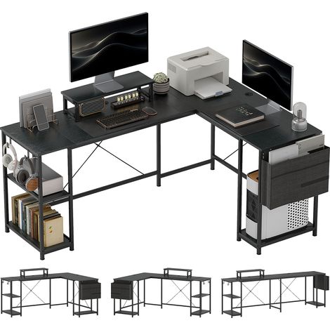 Wendbarer modularer Eckschreibtisch 168–240 cm im Industriestil – mit verstellbarem Regalboden, Aufbewahrungstasche und Monitorständer