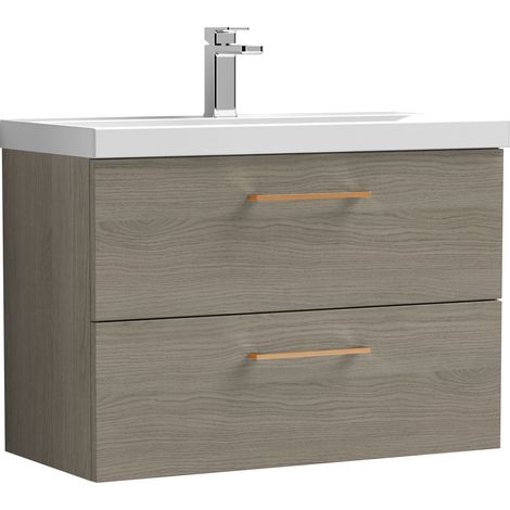 Balterley 800mm Wall Hung Bathroom 2 Drawer Vanity Unit and 1 Tap Hole Ceramic Basin, Woodgrain Mid Oak with Copper Handles