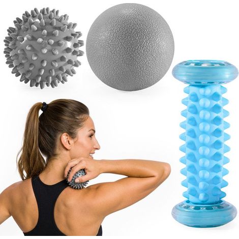 Kit di automassaggio 3 in 1 grigio e turchese - HyperMotion - Palla a punte 6 cm - Palla liscia 7,5 cm (1/5)