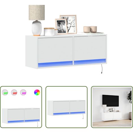 Armoire TV murale -  Meuble TV mural avec lumières LED blanc 100x31x35 cm (1/5)