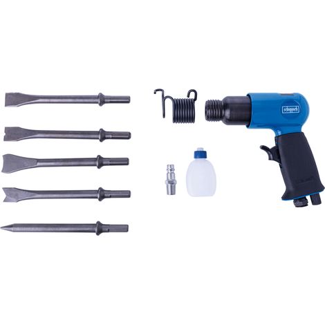 Scheppach Set burineur pneumatique et 5 burins - Pression 6,3 bar - Consommation d'air 79,2 L/min - 4500 coups/minute - Contient 5 embouts de burinage et des flacons d'huile - Mallette de transport