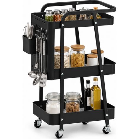 Carrello da Cucina Nero Acciaio 3 Ripiani Carrellino Salvaspazio 47.5x32x73.5cm