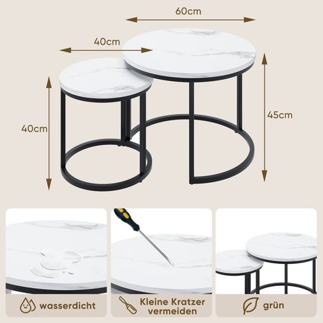Ensemble de 2 tables basses rondes blanches imbriquées,cadre métallique Ø60 cm. Polyvalentes pour salon,chambre,balcon,bureau et petits espaces.