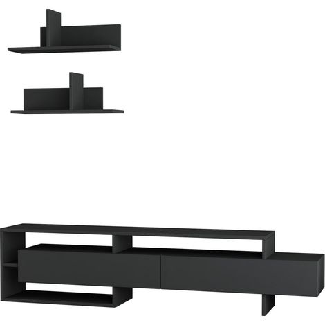 Moderner TV-Schrank 180cm mit Türen und 2 Wandregalen Gara - Grau