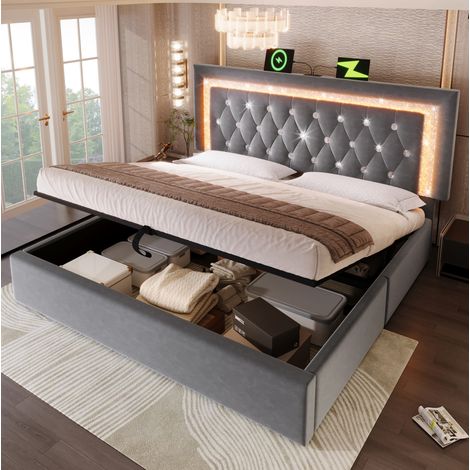 Letto con contenitore velluto grigio 140x200 cm con LED integrato, USB e Type-C, rete a doghe inclusa (1/5)
