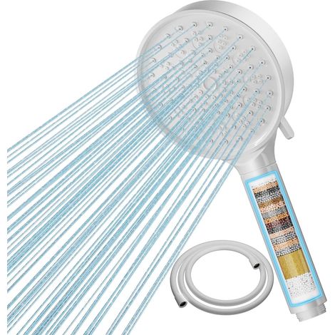 Filtre Pommeau de douche Anti Calcaire avec 20 Étapes Filtre et avec Tuyau 1,5M, 6 Types de Jets Pommeau Économie Deau Haute Pression, Blanc (1/5)