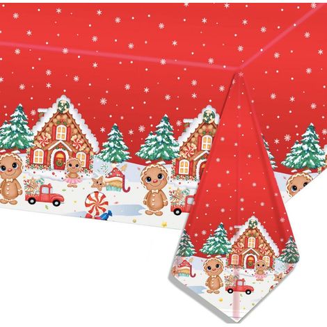 Weihnachtstischdecke rot rechteckig 137x274cm mit Weihnachtsmann & Schneemann Motiv