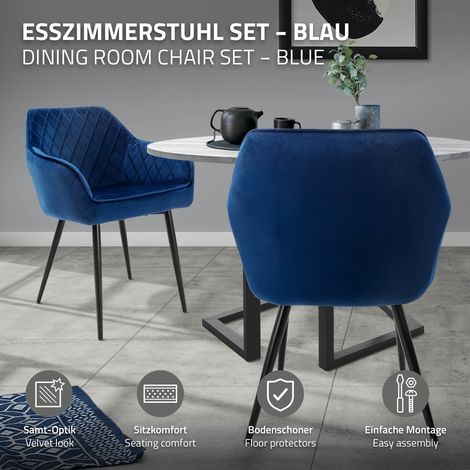 ML-Design 4er Set Esszimmerstühle mit Armlehne und Rückenlehne, Dunkelblau, Küchenstuhl mit Samtbezug, Polsterstuhl mit Metallbeinen, Ergonomischer Stuhl für Esstisch, Esszimmerstuhl Wohnzimmerstuhl