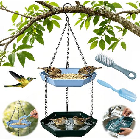 Abreuvoir à oiseaux suspendu, distributeur à deux niveaux, bain à oiseaux suspendu en plastique, abreuvoir d'eau pour oiseaux, mangeoire pour oiseaux, extérieur, jardin, balcon (1/5)
