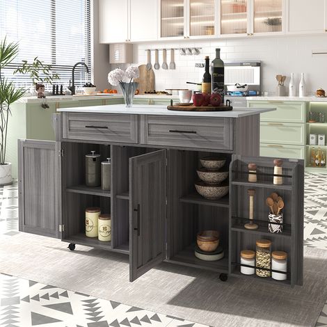 129x46(71)x91.5(95)cm Dining Cart/Dining Sideboard, White Marble Countertop and Khaki Gray Wood Grain Cabinet/Extendable Countertop/Storage Door Design/Wheels/Solid Wood Legs Switchable/Ideal for Home (1/5)