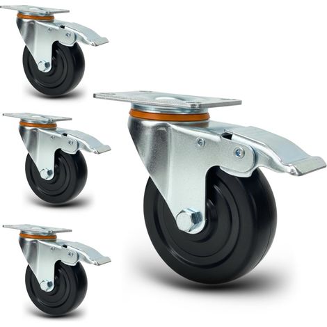 Set 4 Ruote Girevoli con Freno – Rotelle Silenziose in Poliuretano Antitraccia, 100 mm Anti-Corrosione, Rotazione 360°, Ideali per Carrelli, Scaffali, Banchi da lavoro,Attrezzature
