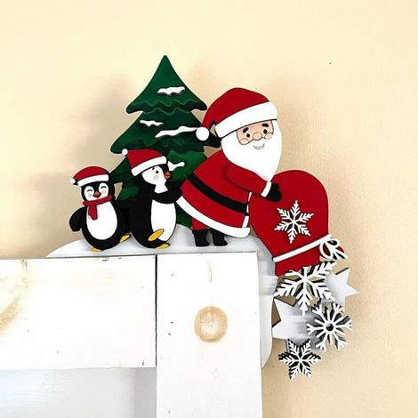 Door Topper - Bois - Décoration Porte Noël - Motif Bonhomme De Neige Père Noël Renne Flocon - 20 cm - Pour Intérieur Porte Fenêtre Mur (1/5)