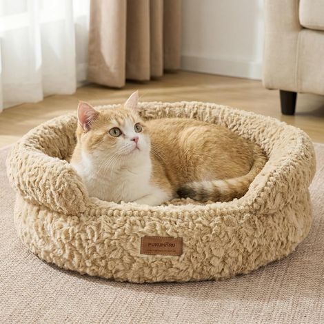 Lit pour Chat, Panier Lavable pour Chiens, Lit Rond pour Chatons, Lit Moelleux avec Bords Relevés et Ouverture Avant Basse, Panier pour Chiots avec Fond Antidérapant, Camel (1/5)