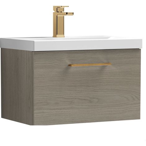 Balterley 600mm Wall Hung Bathroom 1 Drawer Vanity Unit and 1 Tap Hole Ceramic Basin, Woodgrain Mid Oak with Brushed Bronze Handle (1/5)
