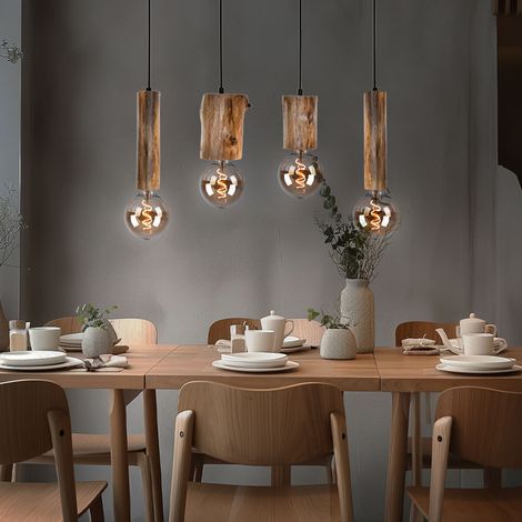 Lampada a sospensione lampada a sospensione in legno lampada da soffitto vintage cucina, metallo nero eucalipto, 4 luci, H 150 cm, sala da pranzo soggiorno (1/5)