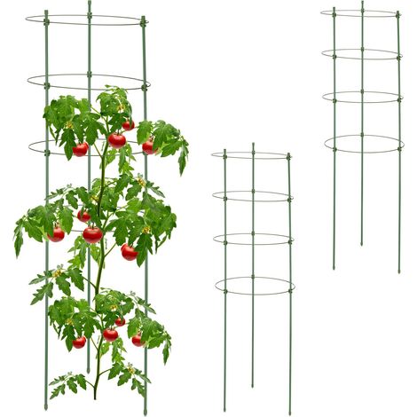 Relaxdays Lot de 3 tuteurs à tomates, support 91 cm, en métal, pour concombres, roses, aide à la croissance, ronds, vert