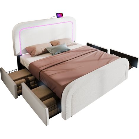 Cama con Cajones 140 x 200 cm de Madera, Cama Doble con 4 Cajones, Cabecero Ajustable, LED y USB-C, Colchón Incluido, Blanco (1/5)