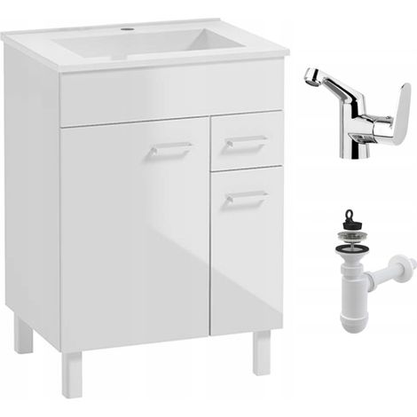 STAMAR  Badezimmermöbelset - 60 cm - Weiß Hochglanz - Stilvoll, Praktisch, Mit Waschbecken
