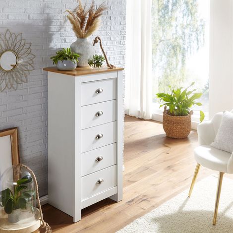 Chiffonnier 5 tiroirs 53x39x114 cm blanc et naturel - DANILO (1/5)
