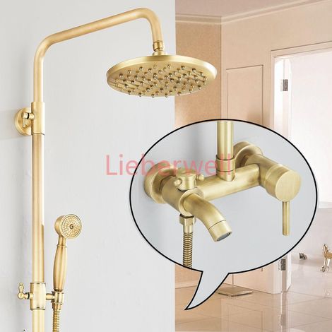Ensemble de robinets de salle de bain et douche en laiton Antique, 8 pouces, support mural à double poignée, étagère de douche à main, systèmes chauds et froids, mélangeur système de douche de pluie (1/5)