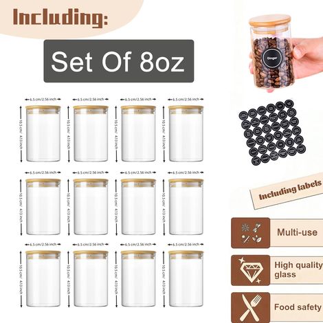 Lot de 12 bocaux épices verre borosilicate, couvercle bambou joint silicone + étiquettes autocollantes, pots empilables rangement café thé condiments, micro‑ondes interdit (1/5)