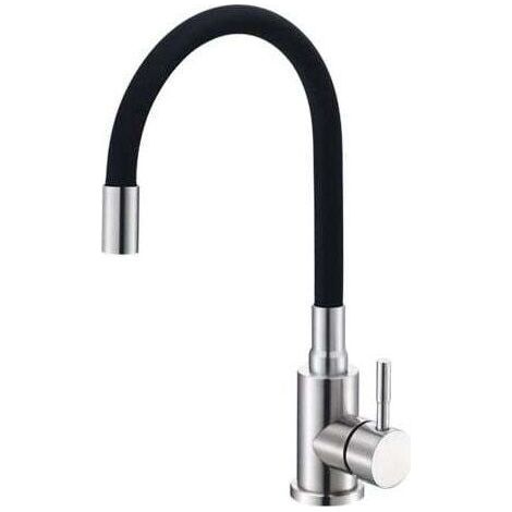 Mitigeur Évier avec Bec Flexible ,Robinet de Cuisine, Mitigeur Chaud et Froid à Poignée Unique, Cuisine Mitigeur Flexible Rotative à 360°, Noir (1/4)