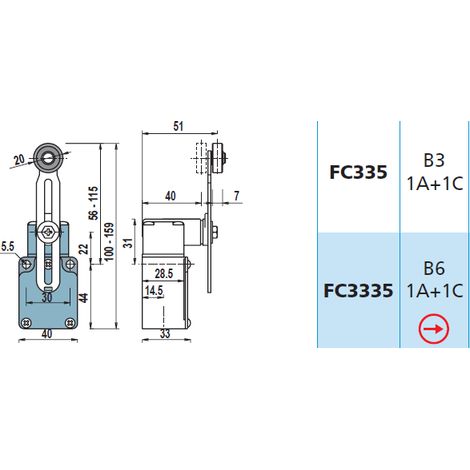 FC335 1NA + 1NC Interruttore di Posizione con rotella reg. Finecorsa
