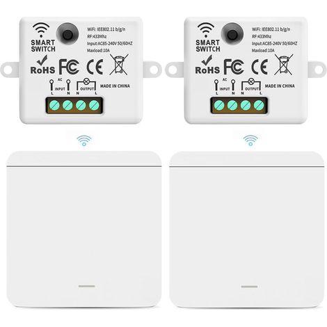 Drahtloser Schalter mit Empfänger, 433 MHz drahtloser Zweiwegeschalter, AC85-265 V, keine Verkabelung erforderlich (2 Empfänger + 2 Schalter)