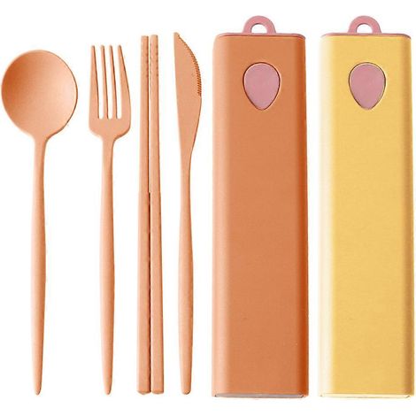 Couverts en paille de blé, lot de 2 couverts portables avec boîte de rangement coulissante, pour pique-niques, usage quotidien et voyages - Jaune + Orange (1/5)