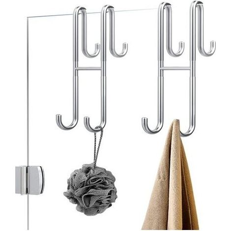 rochet de douche sans perçage, crochet pour paroi de douche avec protection en caoutchouc, support pour raclette de douche, serviettes pour salle de bain, sans cadre, acier inoxydable, argenté (1/5)