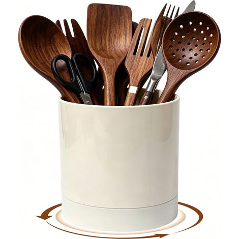 Grand porte-ustensiles de cuisine antidérapant, rotatif à 360 °, rangement polyvalent pour ustensiles de cuisine tels que spatules, couteaux, fourchettes et baguettes (blanc) (1/5)