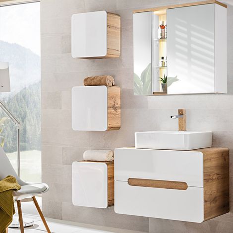 Badmöbel Set Hochglanz weiß, Wotan Eiche Nb. mit Keramik-Waschtisch LUTON-56, B/H/T ca. 130/195/46 cm (1/5)