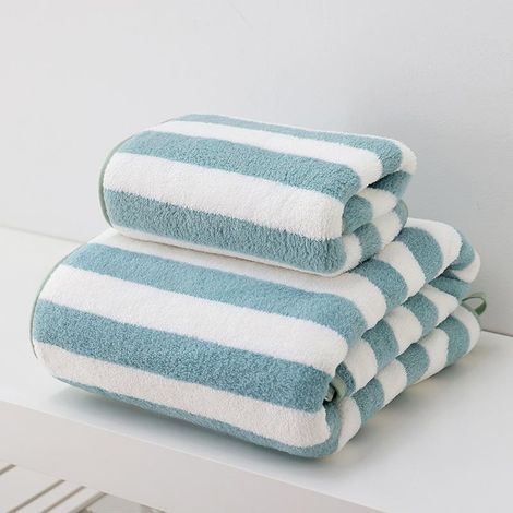 Serviette de bain/plage absorbante pour adultes (75 x 35 cm) : motif à rayures Matcha, convient également pour le visage (verte) (1/5)