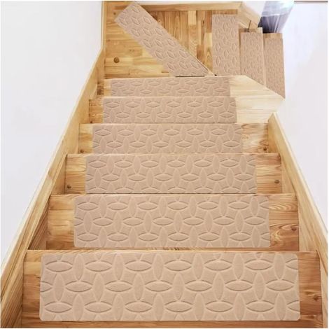 Ensemble de tapis de marche d'escalier - Beige - 76 x 20,3 cm - 5 pièces - Autocollant - Antidérapant - Convient aux escaliers intérieurs en bois à la maison (1/4)