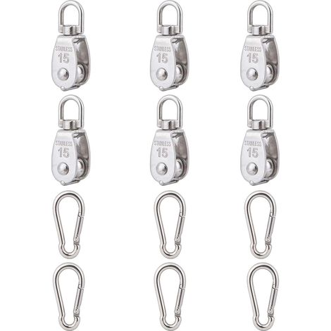 6x 304 Edelstahl M15 Einzel-Drehseilrollenblöcke mit Karabinerhaken (1/5)