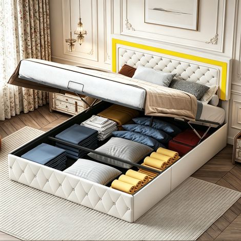 Lit coffre 160x200 cm, Lit capitonné velours avec rangement, Tête de lit avec éclairage LED, Sommier en bois massif (1/5)