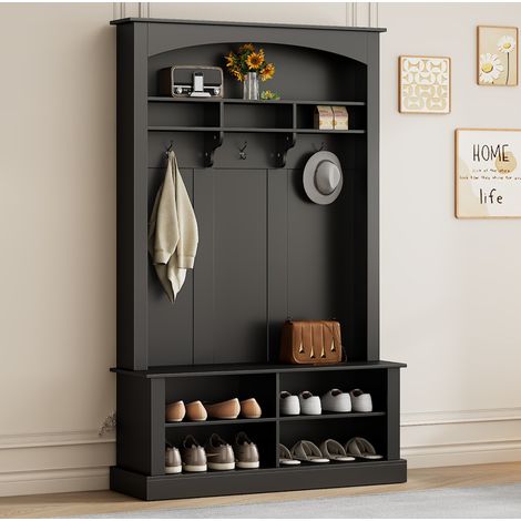 Garderobenmöbel mit Sitzbank, Kleiderhaken und Schuhregal 120x40x190 cm Schwarz OKMYHOME (1/5)