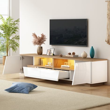 Meuble TV LED avec rangement, 2 portes et 1 tiroir, meuble bas de salon et de chambre - jusqu'à 75 pouces, 180×40×46cm, blanc+naturel (1/5)