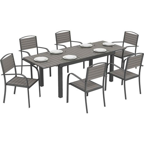 Set da giardino da 7 pezzi con tavolo allungabile e sei sedie. Design a lamelle effetto legno, struttura in alluminio per uso esterno